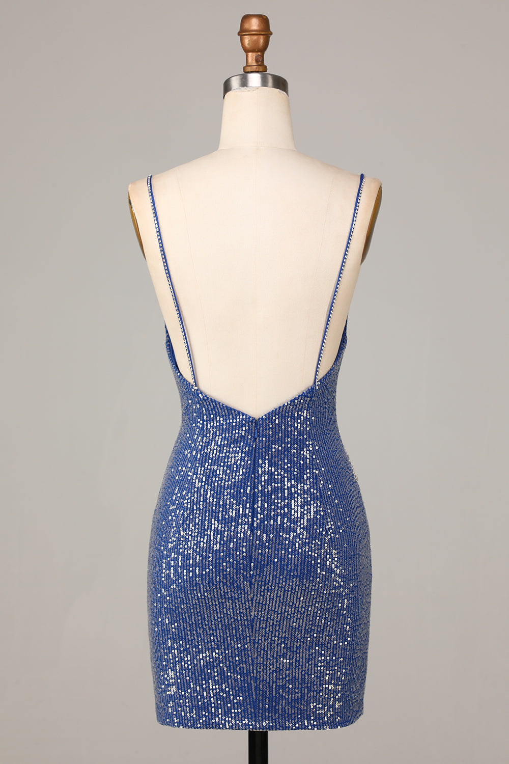 Sheath Spaghetti Straps Dark Blue Short Homecoming Dress With Embroidery V-neck