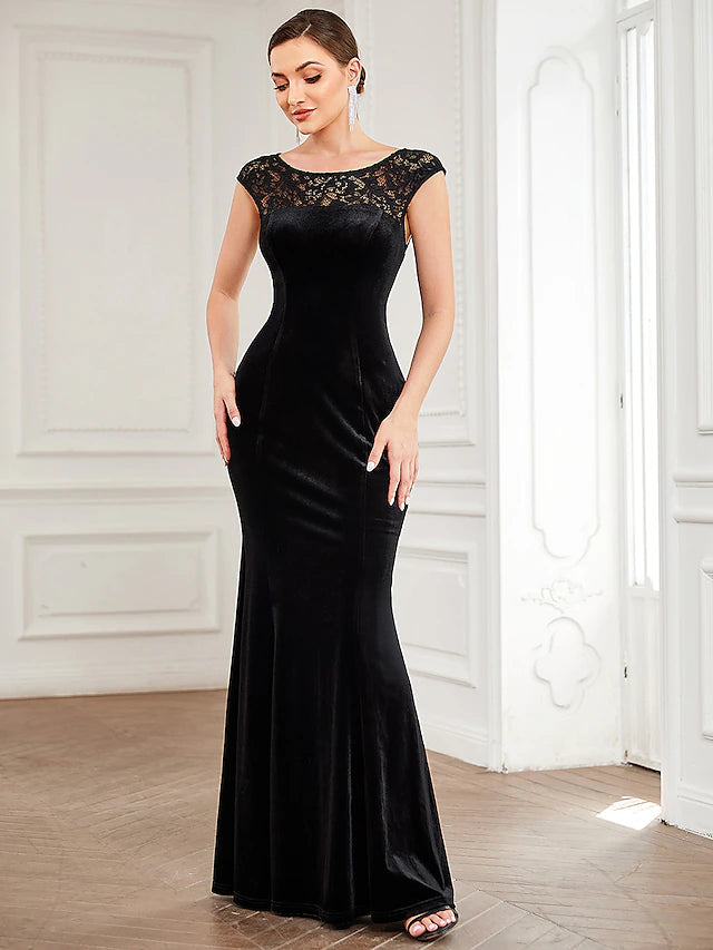 Mermaid / Trumpet Evening Gown Elegant Dress Formal Floor Length Short Sleeve Jewel Neck Velvet with Lace