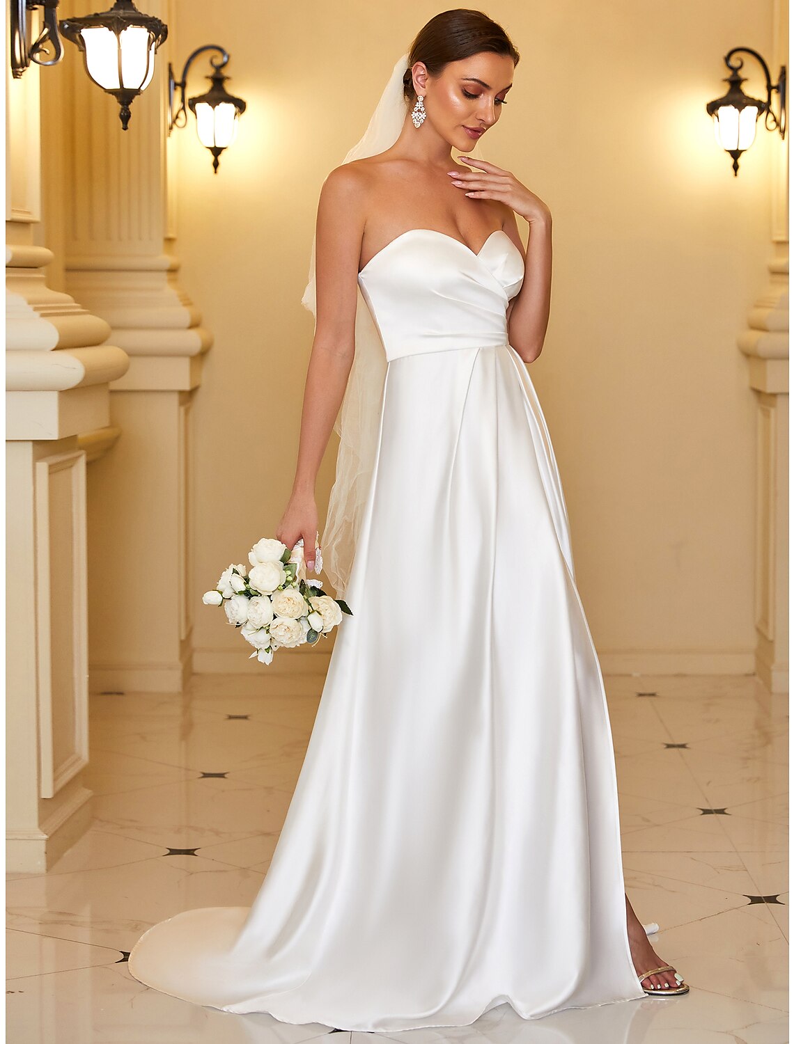 A-Line Evening Gown Minimalist Dress Wedding Guest Floor Length Sleeveless Strapless Satin Backless with Sleek