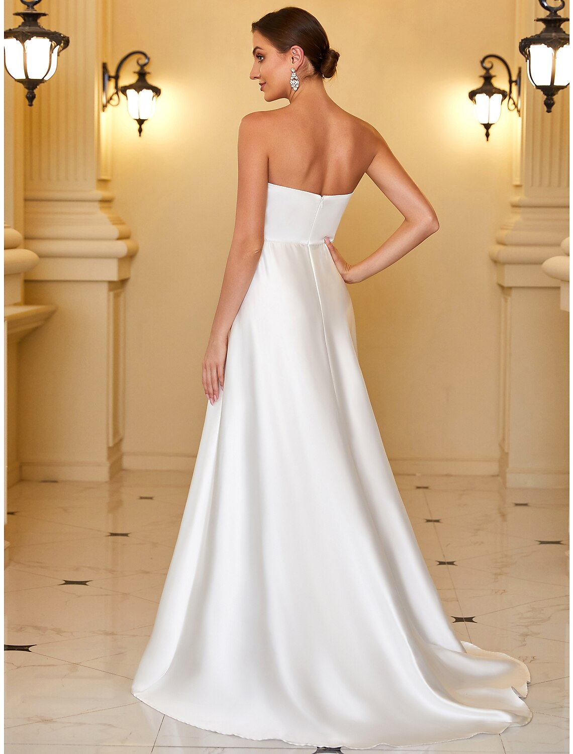 A-Line Evening Gown Minimalist Dress Wedding Guest Floor Length Sleeveless Strapless Satin Backless with Sleek