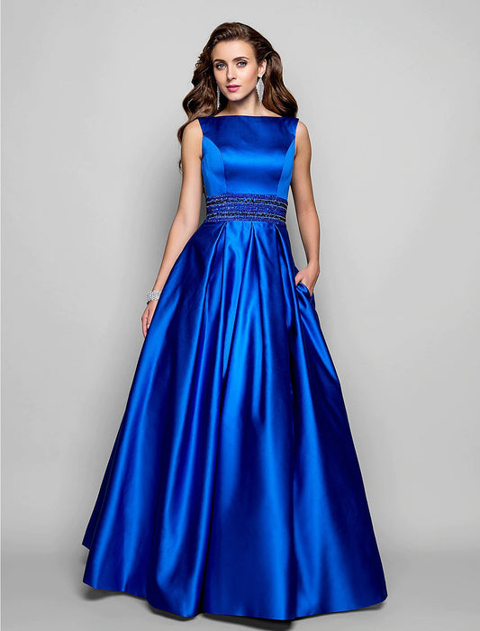 A-Line Elegant Dress Wedding Guest Floor Length Sleeveless Boat Neck Pocket Satin