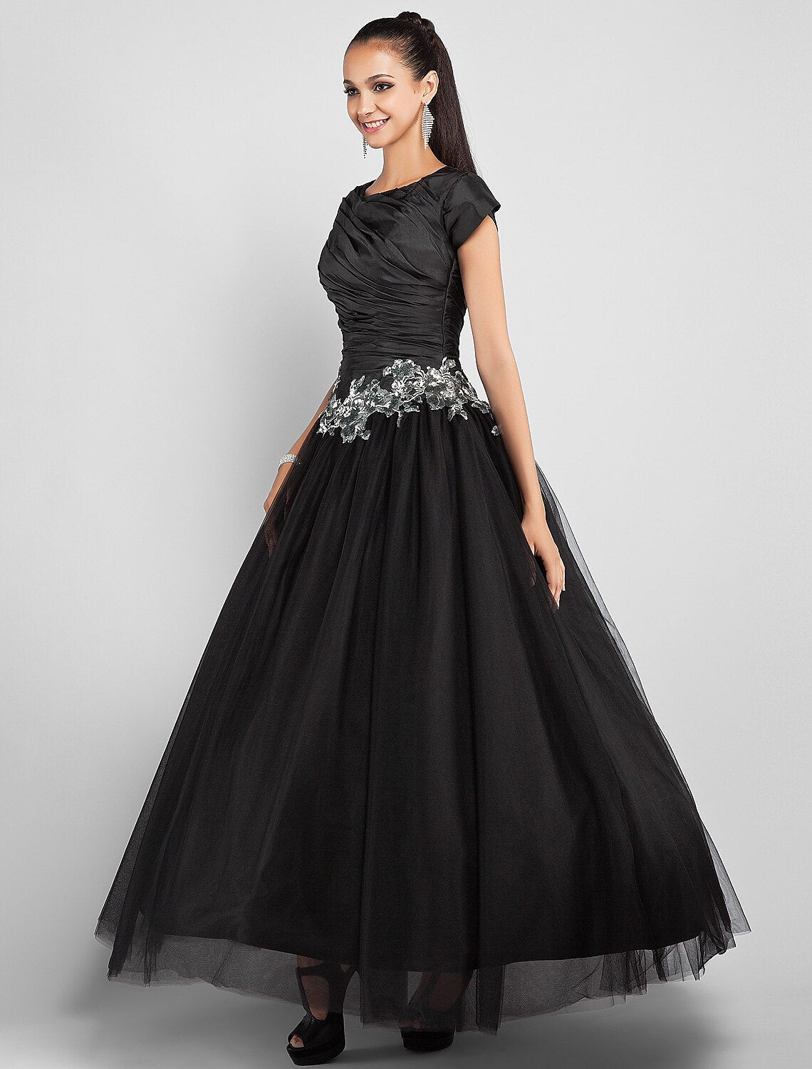 Ball Gown Little Black Dress Dress Prom Formal Evening Ankle Length Short Sleeve Jewel Neck Taffeta with Appliques