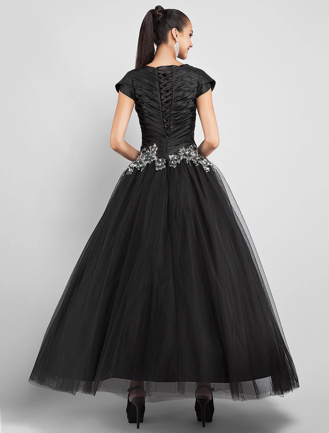 Ball Gown Little Black Dress Dress Prom Formal Evening Ankle Length Short Sleeve Jewel Neck Taffeta with Appliques