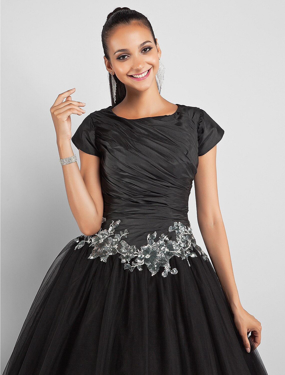 Ball Gown Little Black Dress Dress Prom Formal Evening Ankle Length Short Sleeve Jewel Neck Taffeta with Appliques