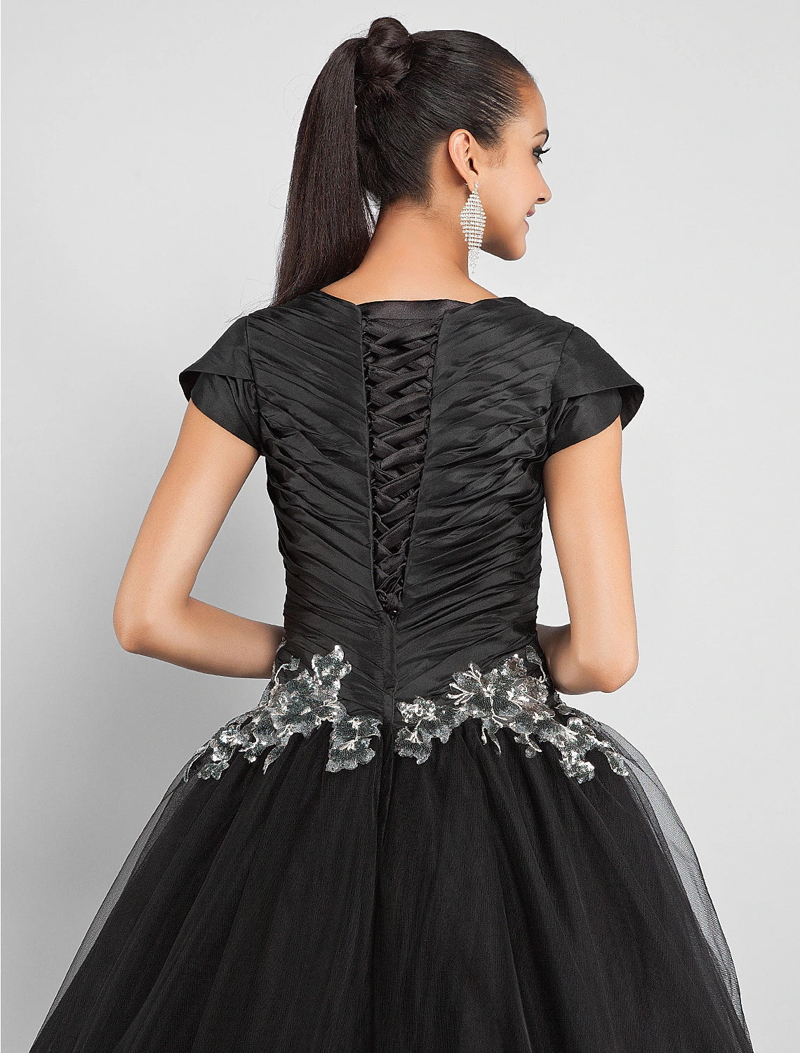 Ball Gown Little Black Dress Dress Prom Formal Evening Ankle Length Short Sleeve Jewel Neck Taffeta with Appliques