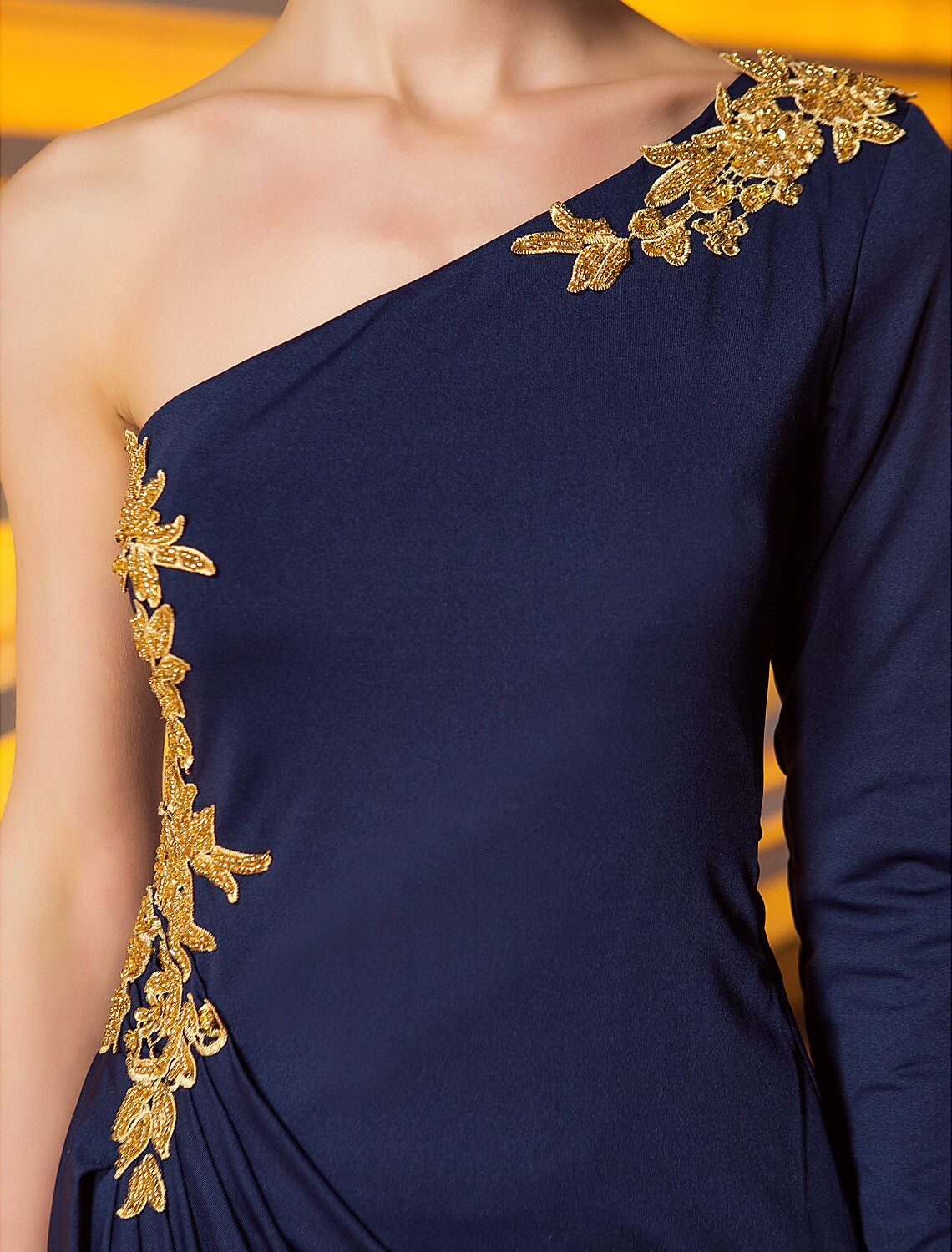 Sheath / Column Celebrity Style Party Wear Formal Evening Dress One Shoulder Long Sleeve Ankle Length Jersey with Beading