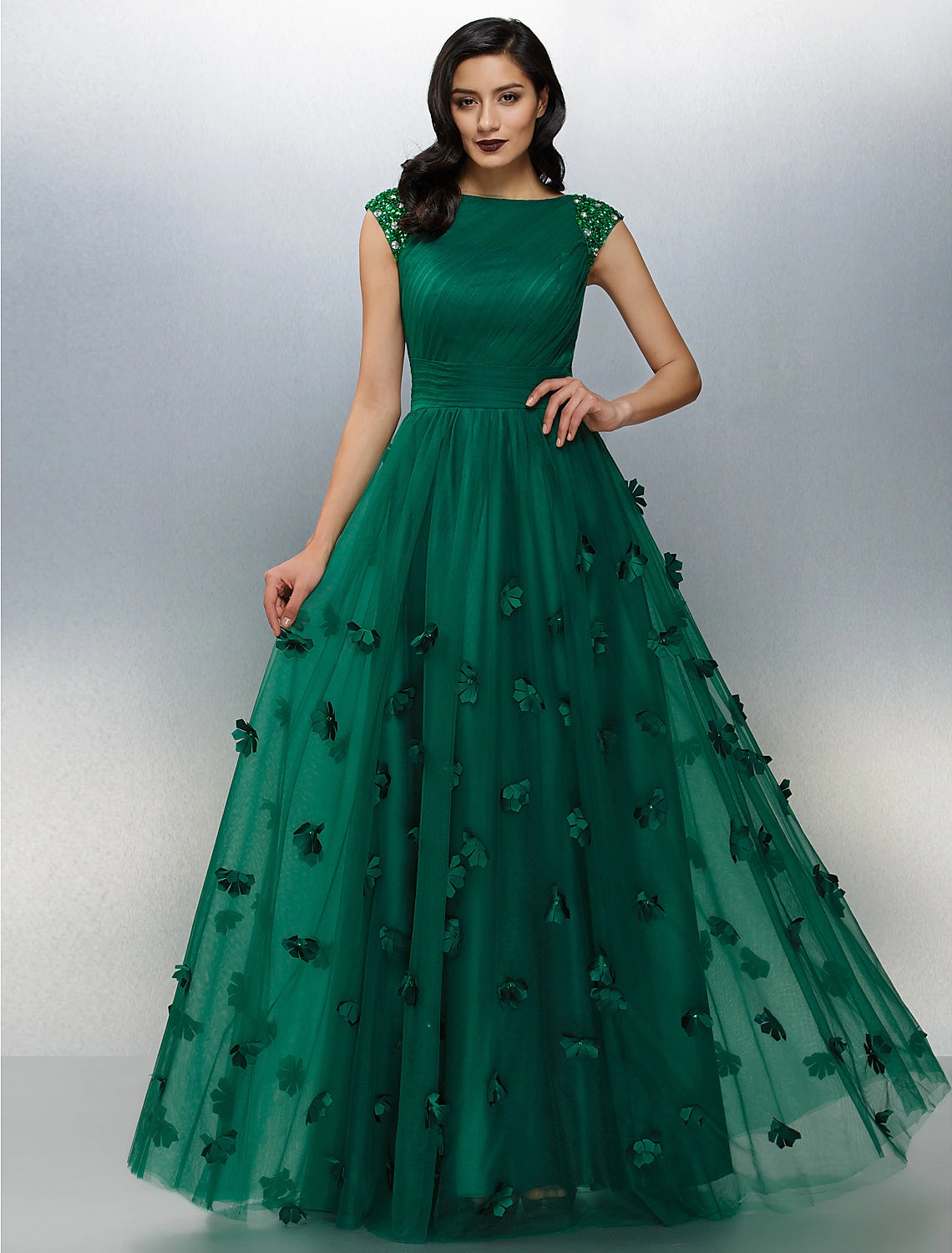A-Line Floral Dress Wedding Guest Floor Length Short Sleeve Boat Neck Tulle Evening Dresses