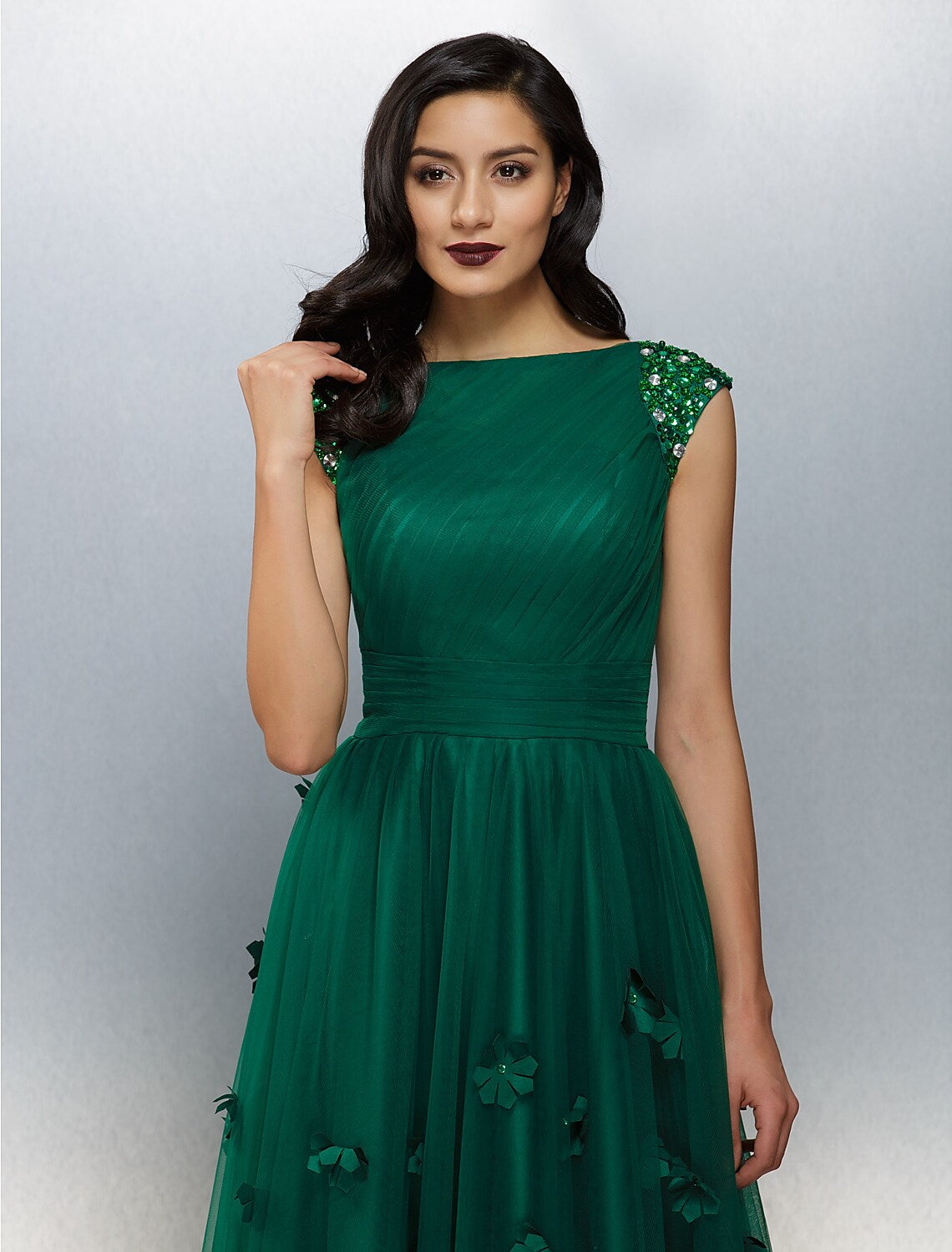 A-Line Floral Dress Wedding Guest Floor Length Short Sleeve Boat Neck Tulle Evening Dresses