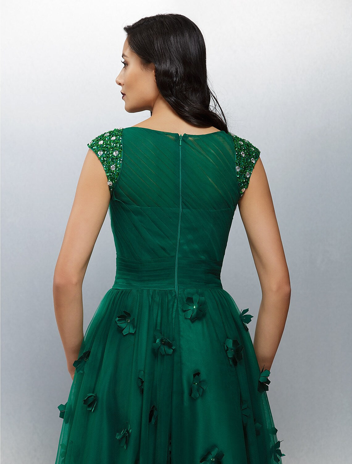 A-Line Floral Dress Wedding Guest Floor Length Short Sleeve Boat Neck Tulle Evening Dresses