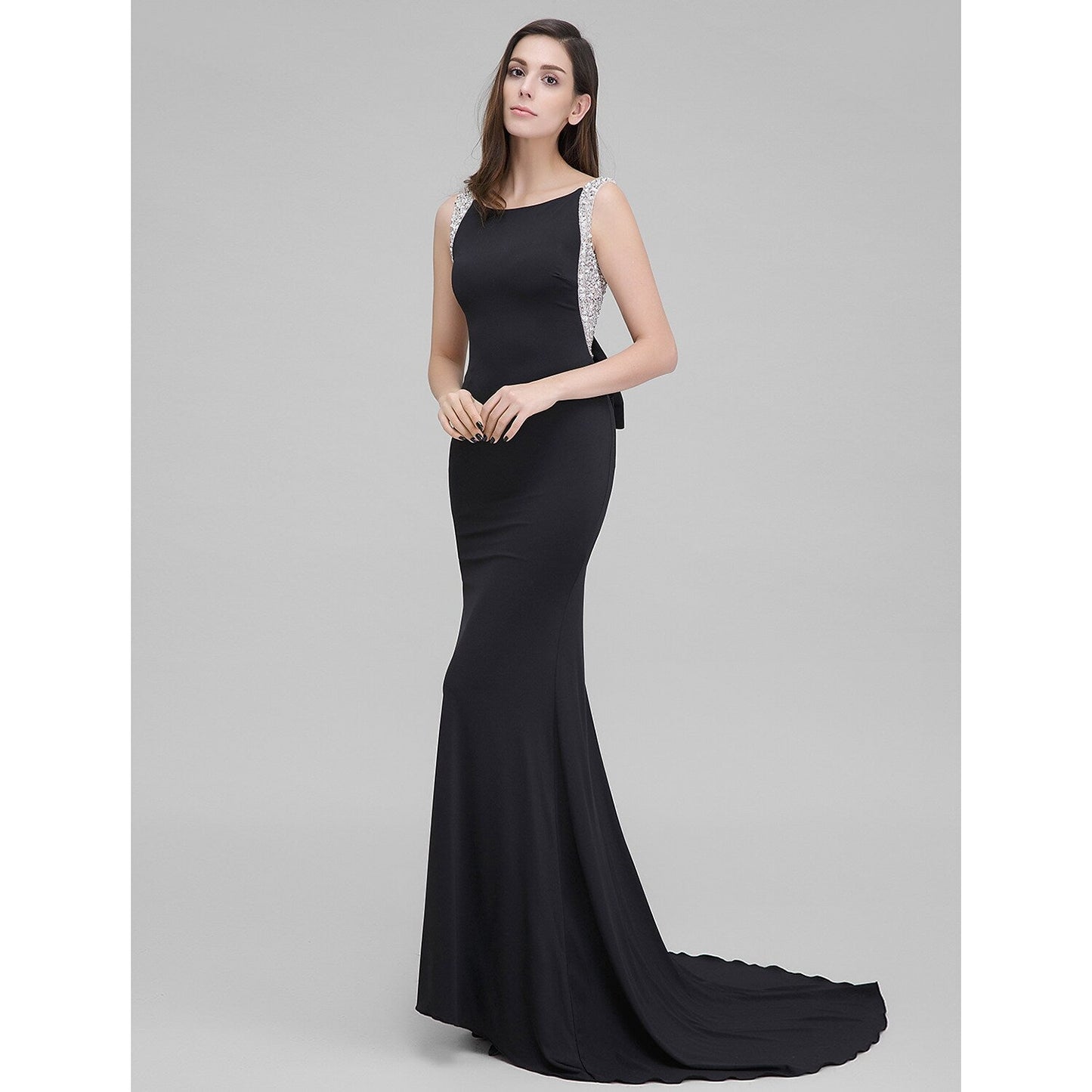 Mermaid / Trumpet Sparkle & Shine Formal Evening Dress Scoop Neck Sleeveless Court Train Jersey