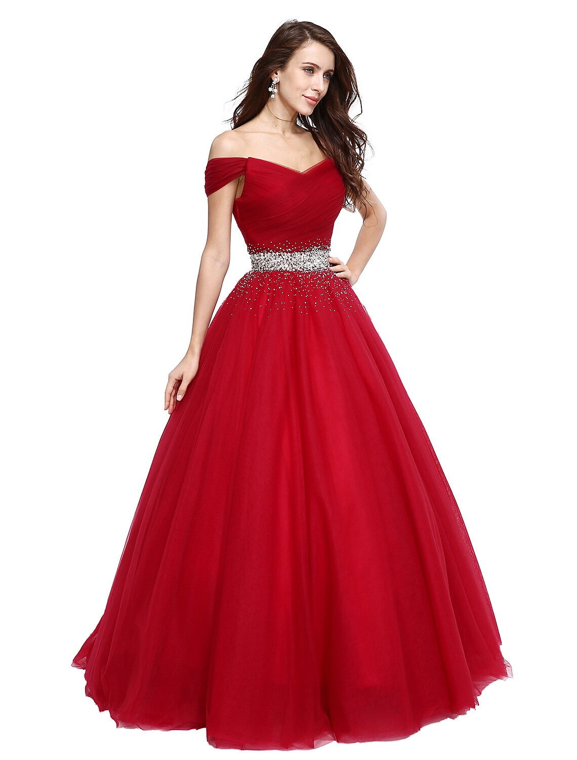 Ball Gown Elegant Dress Formal Evening Floor Length Sleeveless V Wire Tulle with Beading