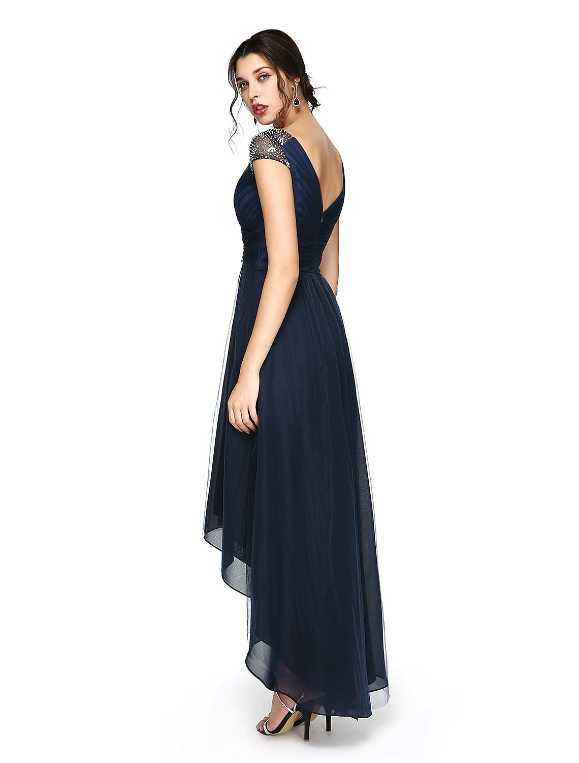 Sheath / Column Minimalist Dress Wedding Guest Asymmetrical Short Sleeve V Neck Tulle V Back with Criss Cross Pleats