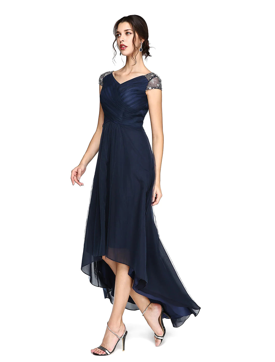 Sheath / Column Minimalist Dress Wedding Guest Asymmetrical Short Sleeve V Neck Tulle V Back with Criss Cross Pleats