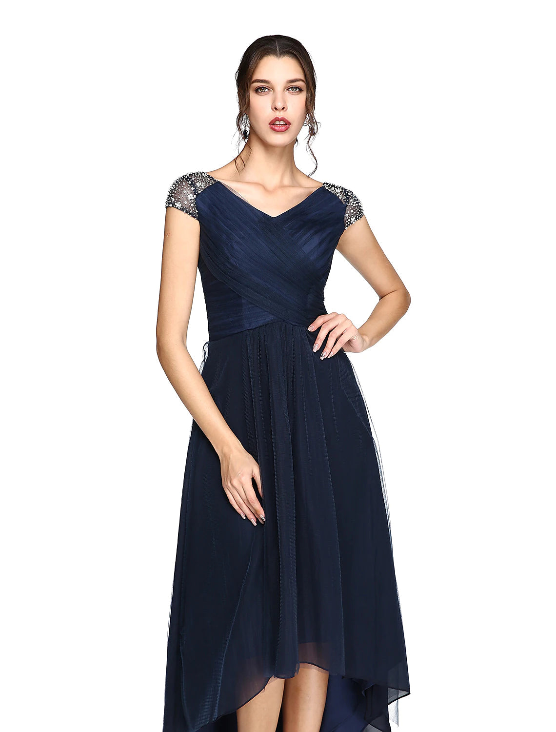 Sheath / Column Minimalist Dress Wedding Guest Asymmetrical Short Sleeve V Neck Tulle V Back with Criss Cross Pleats