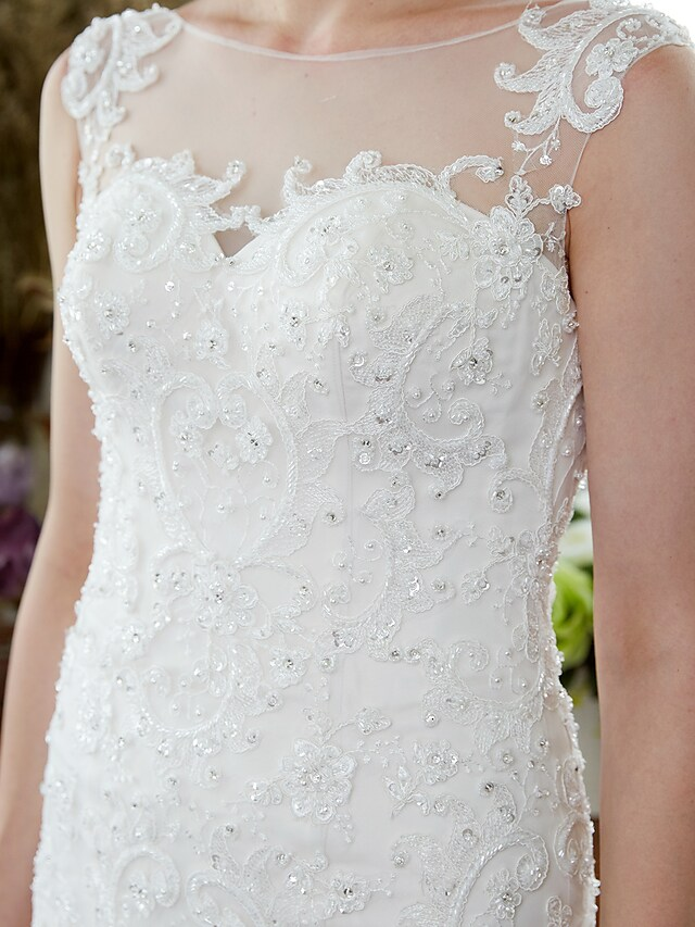 Wedding Dresses Illusion Neck Court Train Tulle Sleeveless Sparkle & Shine with Beading