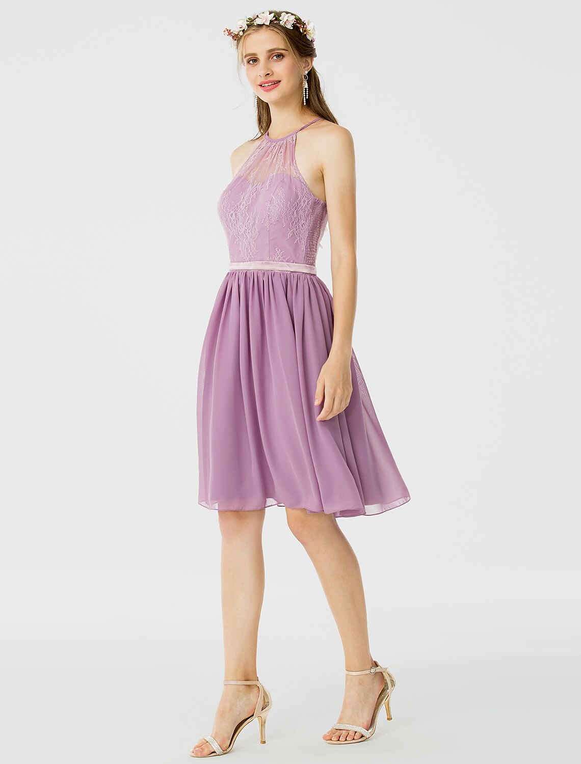 A-Line / Princess Halter Neck Knee Length Chiffon / Corded Lace Bridesmaid Dress with Sash