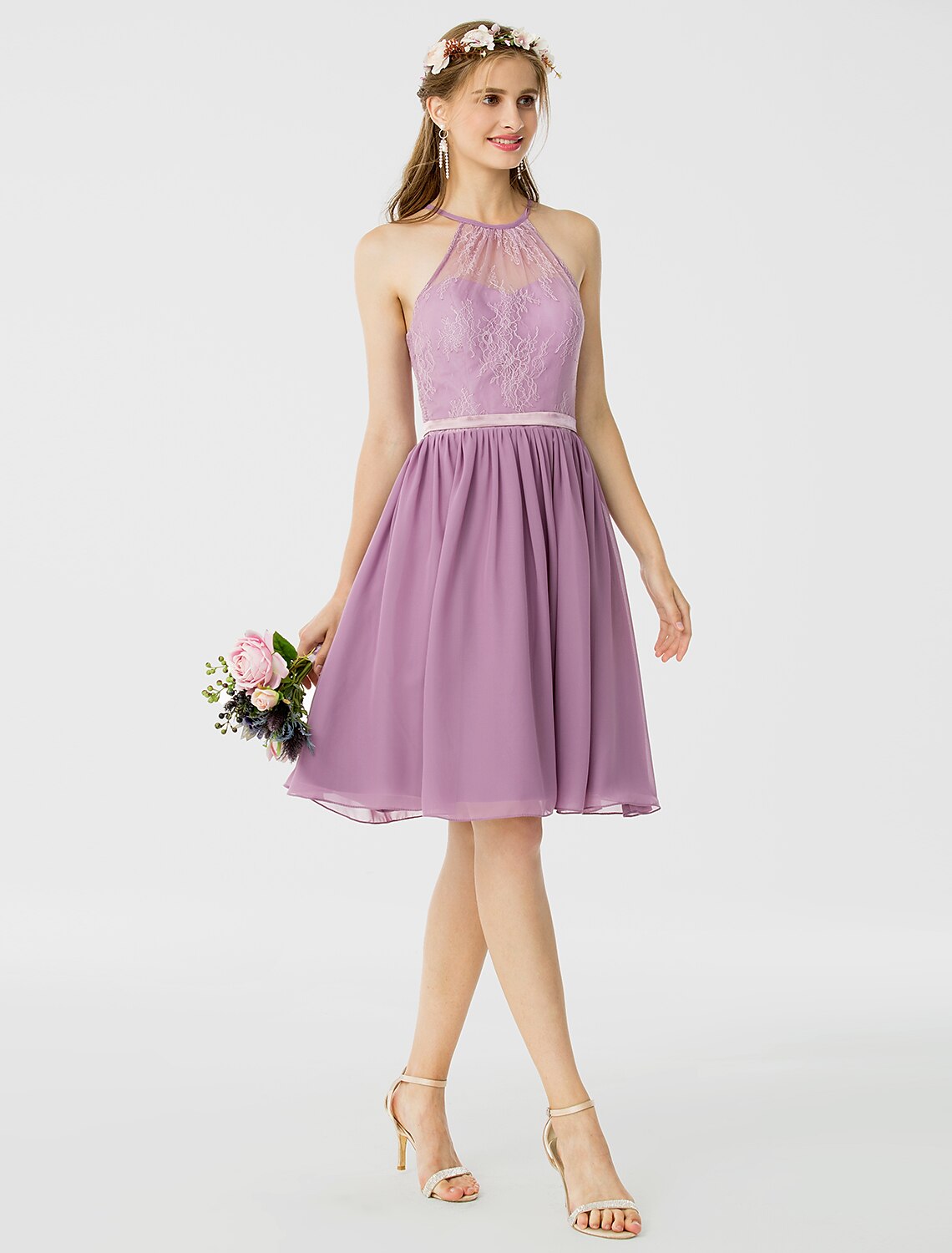 A-Line / Princess Halter Neck Knee Length Chiffon / Corded Lace Bridesmaid Dress with Sash
