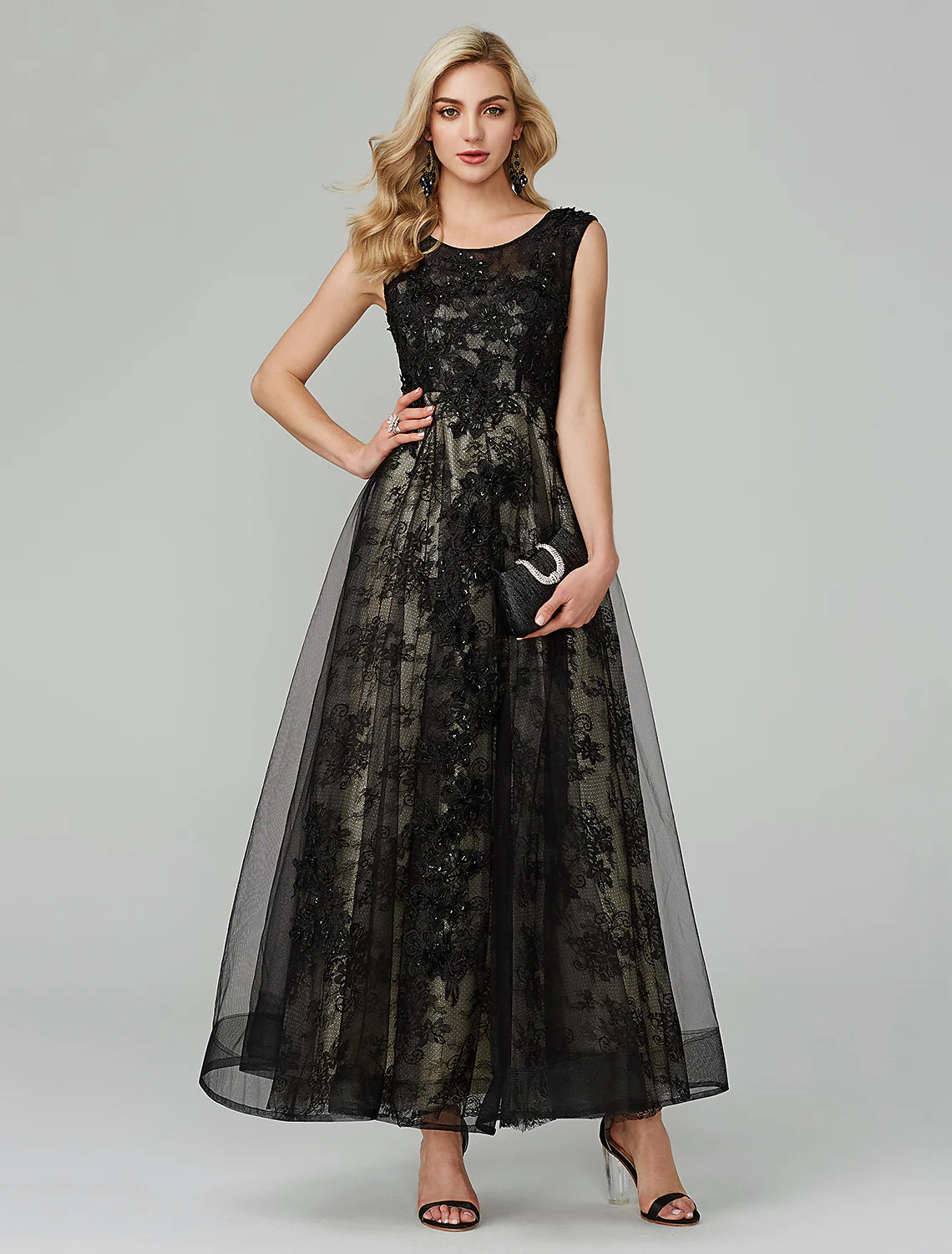 A-Line Open Back Dress Holiday Floor Length Sleeveless Jewel Neck Tulle with Appliques Evening Dresses