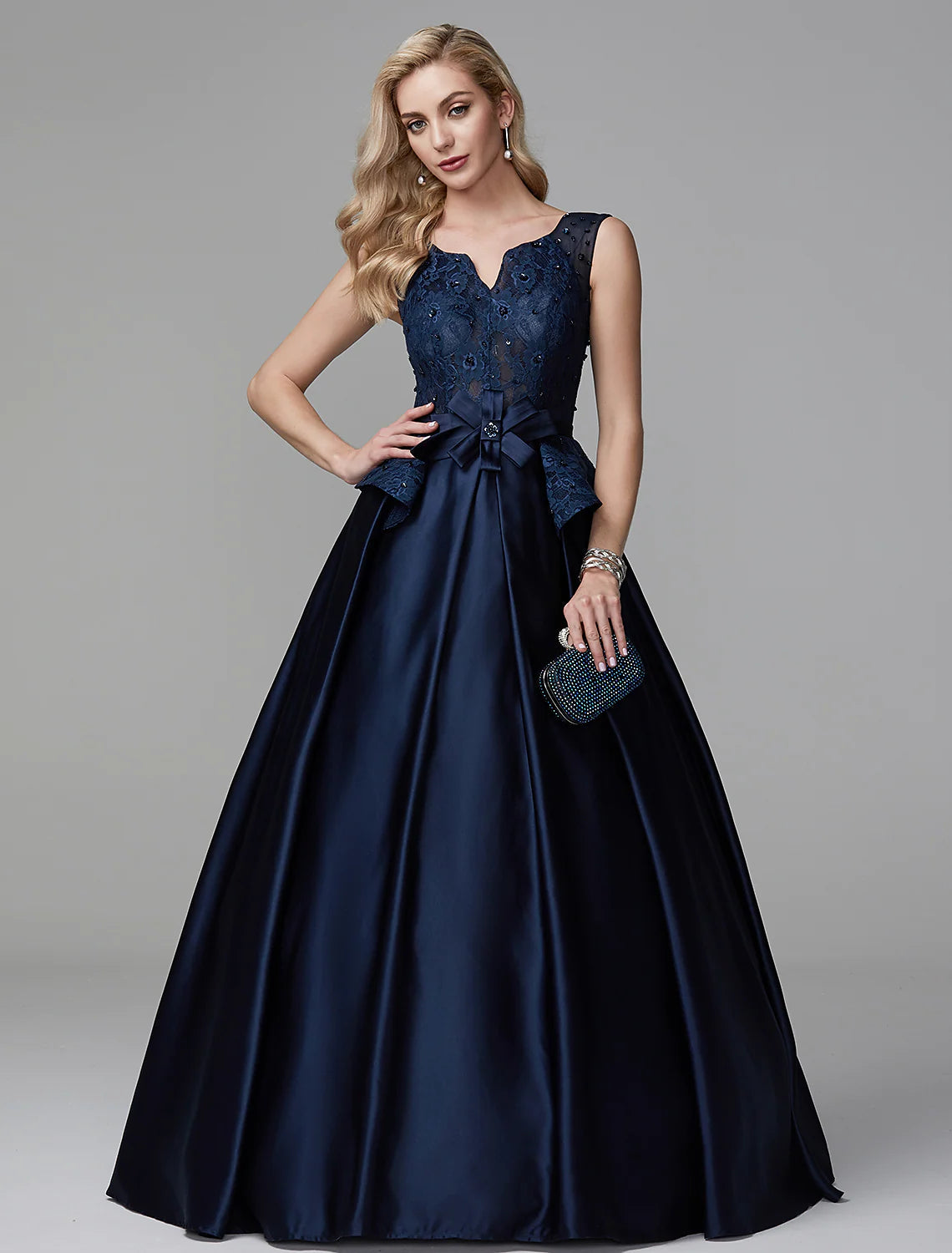 Ball Gown Peplum Quinceanera Formal Evening Dress V Neck Sleeveless Floor Length Lace with Bow(s)