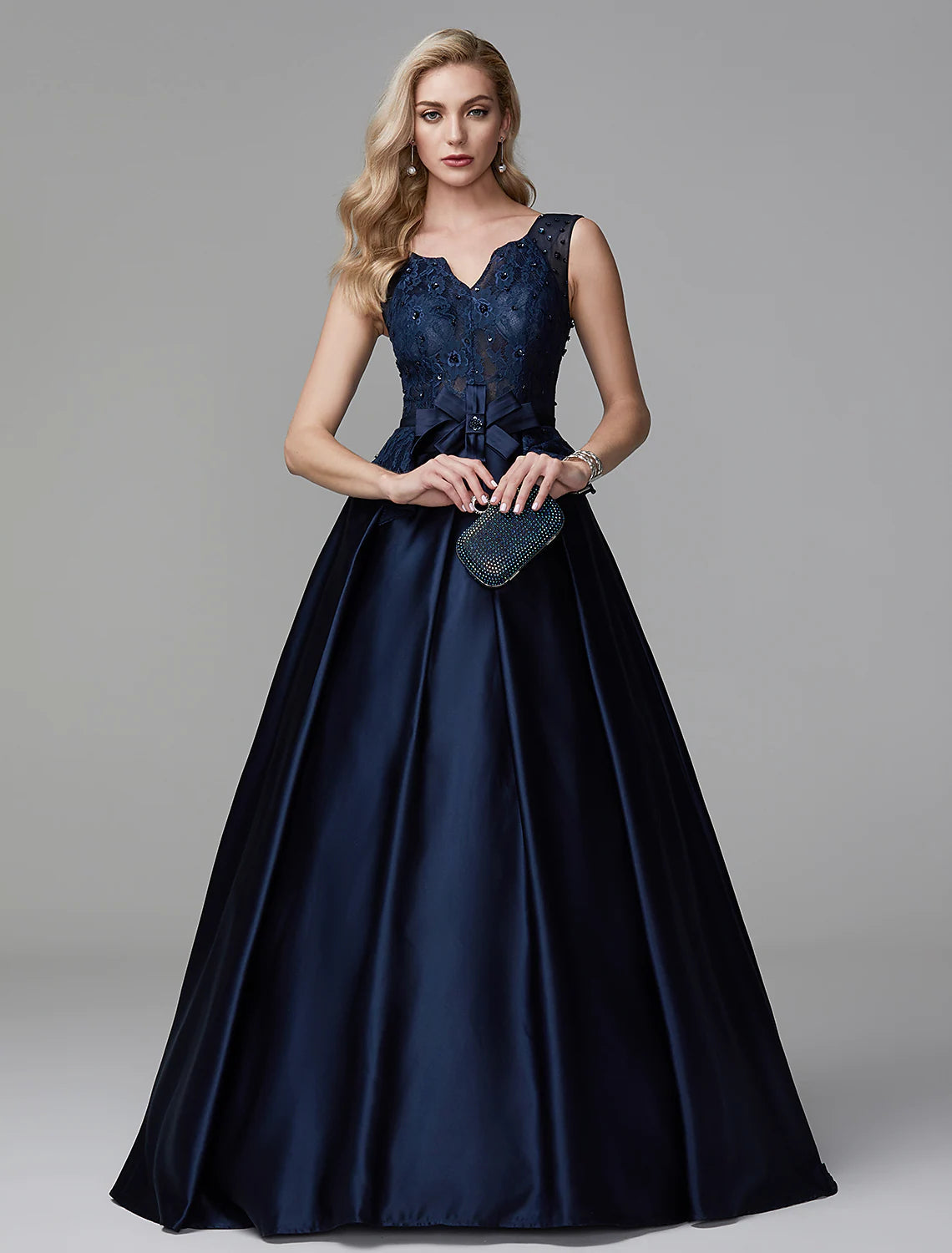 Ball Gown Peplum Quinceanera Formal Evening Dress V Neck Sleeveless Floor Length Lace with Bow(s)