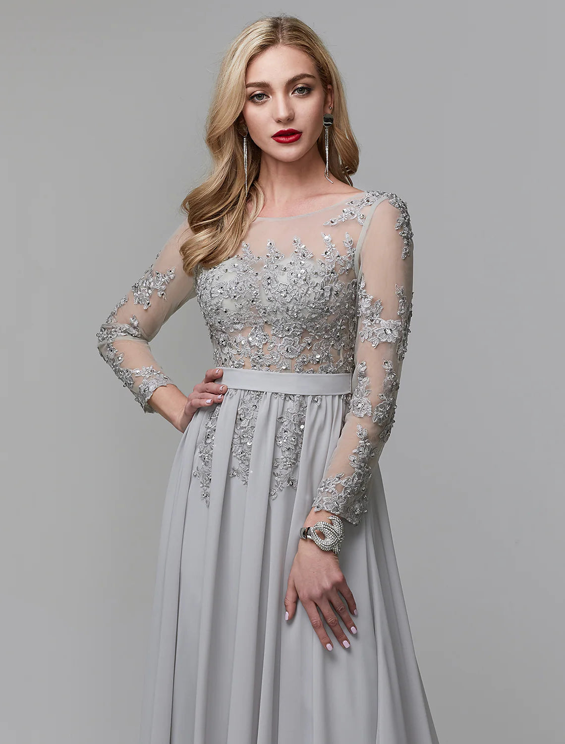 A-Line Luxurious Engagement Formal Evening Dress Illusion Neck V Back Low Back Long Sleeve Chapel Train Chiffon