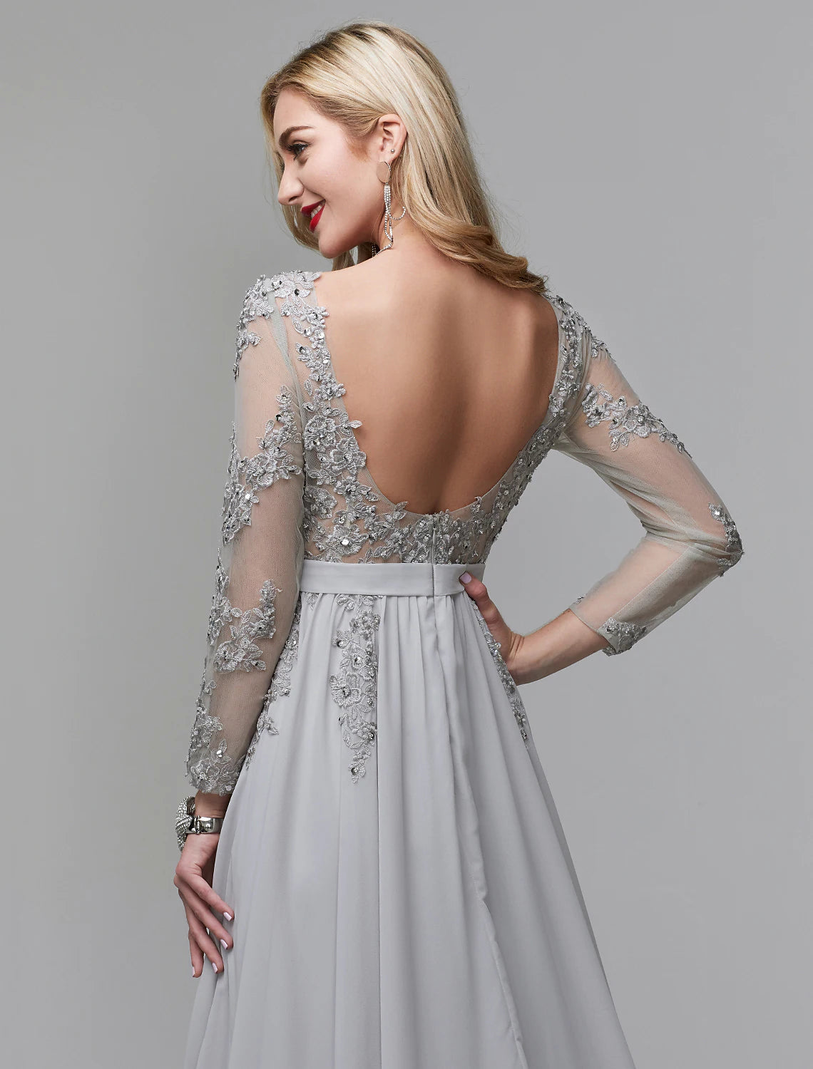 A-Line Luxurious Engagement Formal Evening Dress Illusion Neck V Back Low Back Long Sleeve Chapel Train Chiffon