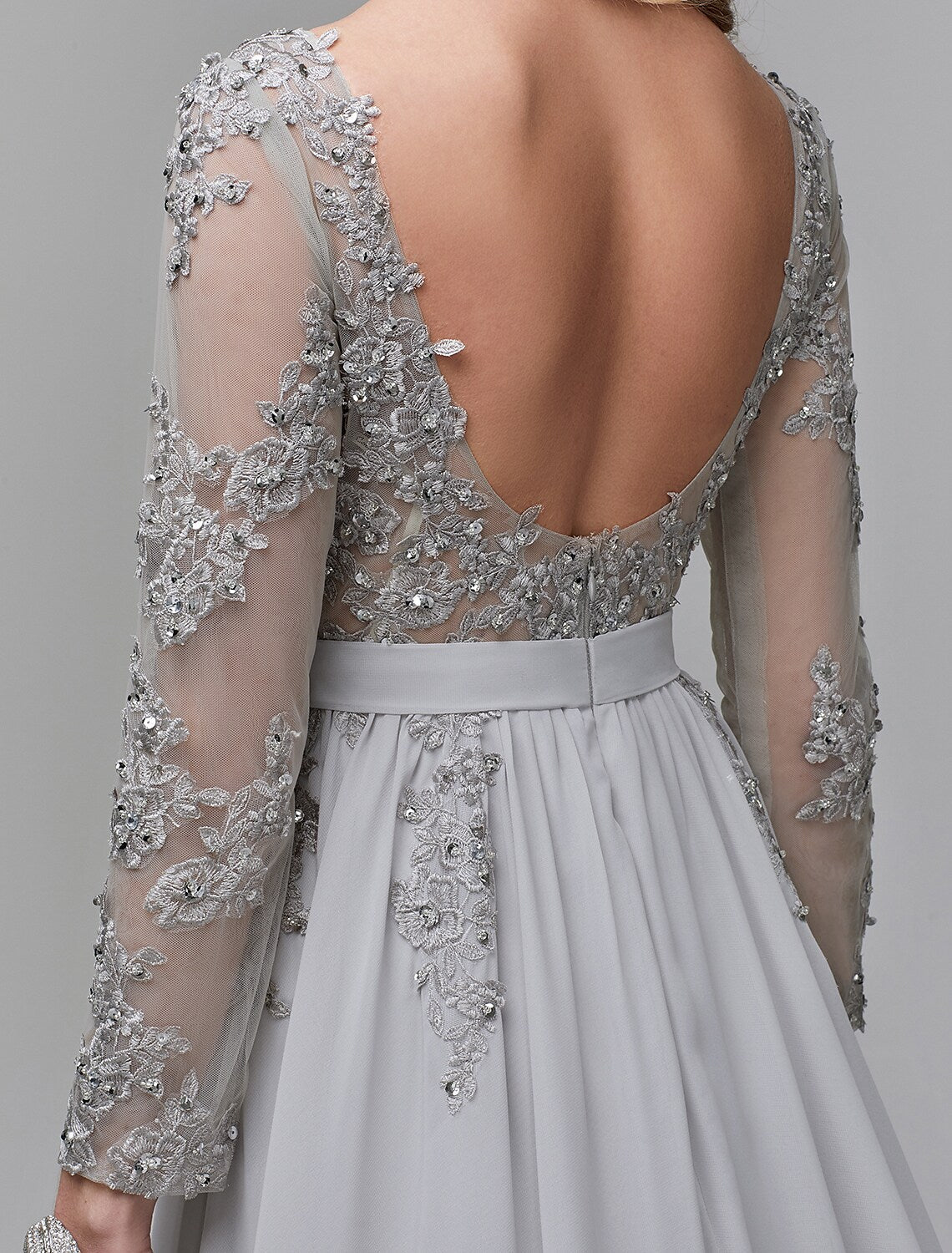 A-Line Luxurious Engagement Formal Evening Dress Illusion Neck V Back Low Back Long Sleeve Chapel Train Chiffon