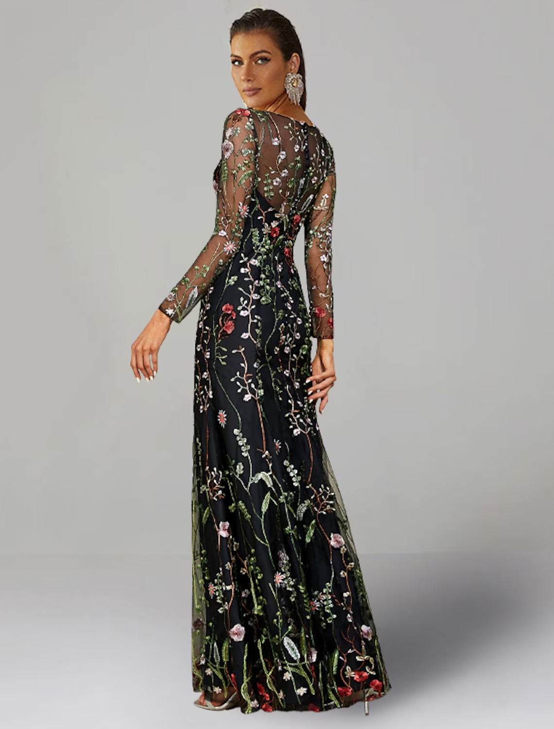 Sheath / Column Wedding Guest Dresses Floral Dress Wedding Guest Floor Length Long Sleeve Jewel Neck Tulle