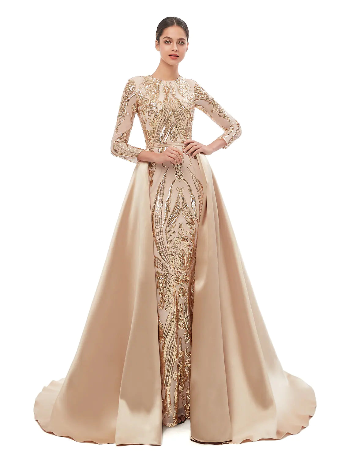 Mermaid / Trumpet Elegant Vintage Prom Formal Evening Dress Jewel Neck Long Sleeve Detachable Sequined