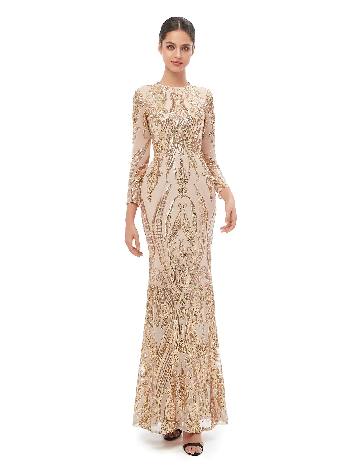 Mermaid / Trumpet Elegant Vintage Prom Formal Evening Dress Jewel Neck Long Sleeve Detachable Sequined