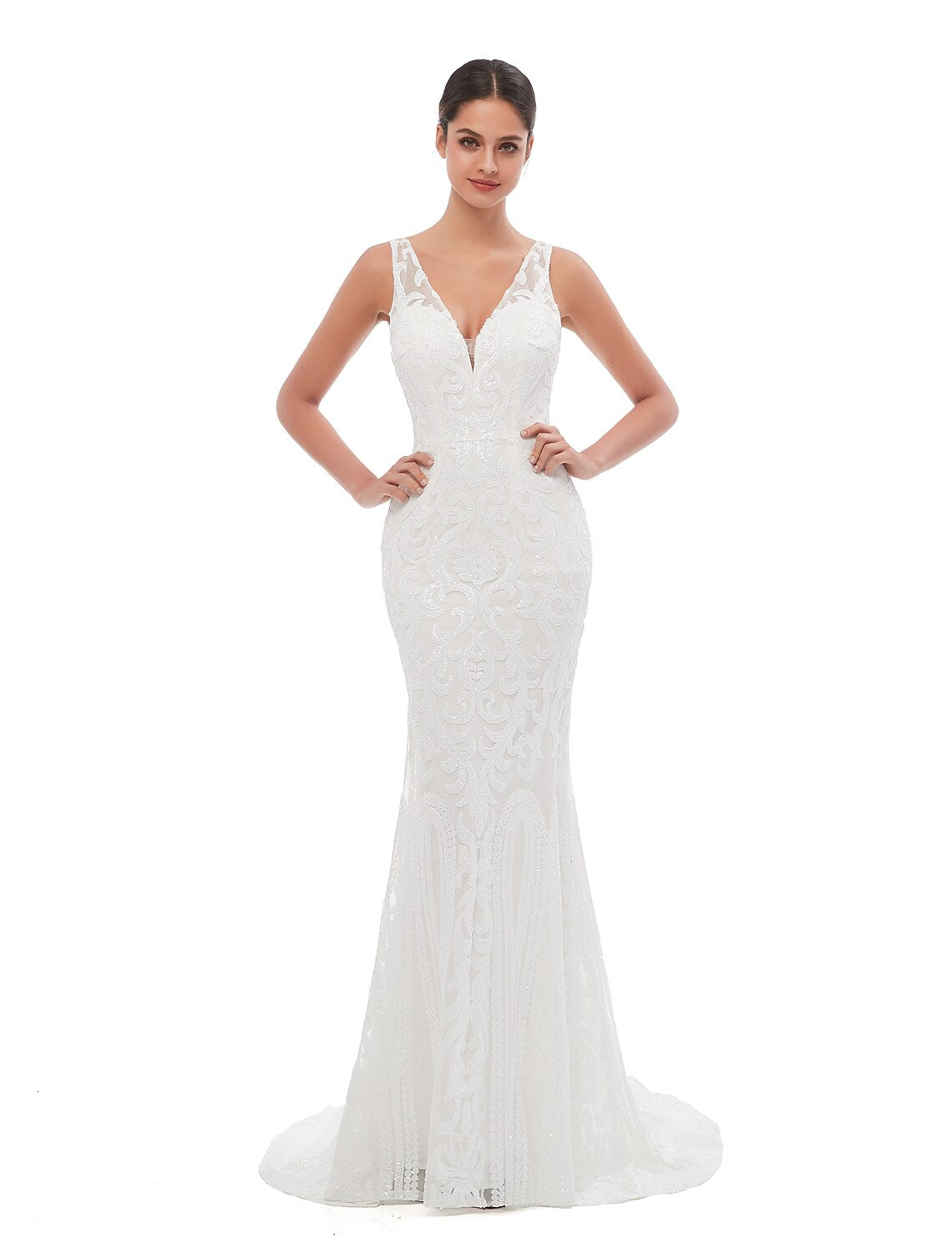 Mermaid / Trumpet Evening Gown Celebrity Style Dress Engagement Court Train Sleeveless V Neck Sequined with Sequin