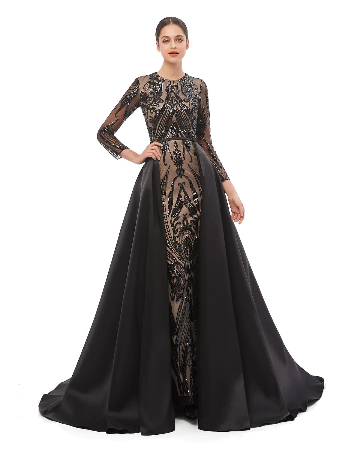 Mermaid / Trumpet Elegant Vintage Prom Formal Evening Dress Jewel Neck Long Sleeve Detachable Sequined