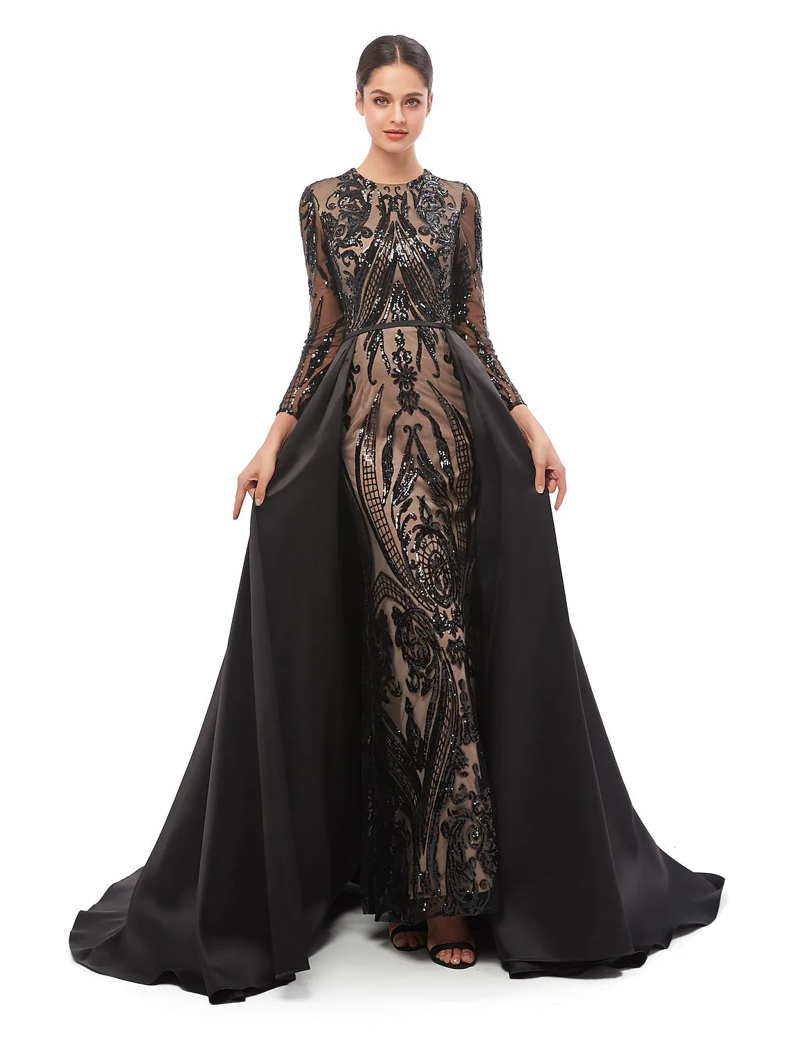 Mermaid / Trumpet Elegant Vintage Prom Formal Evening Dress Jewel Neck Long Sleeve Detachable Sequined
