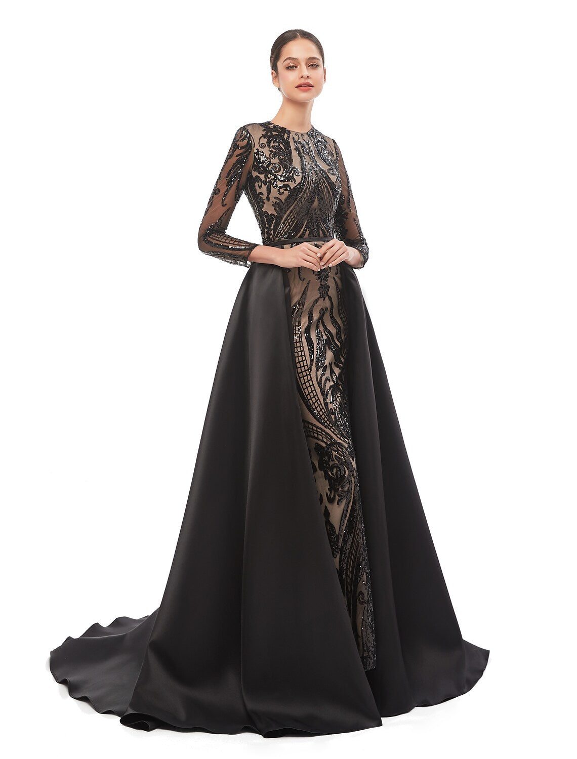 Mermaid / Trumpet Elegant Vintage Prom Formal Evening Dress Jewel Neck Long Sleeve Detachable Sequined