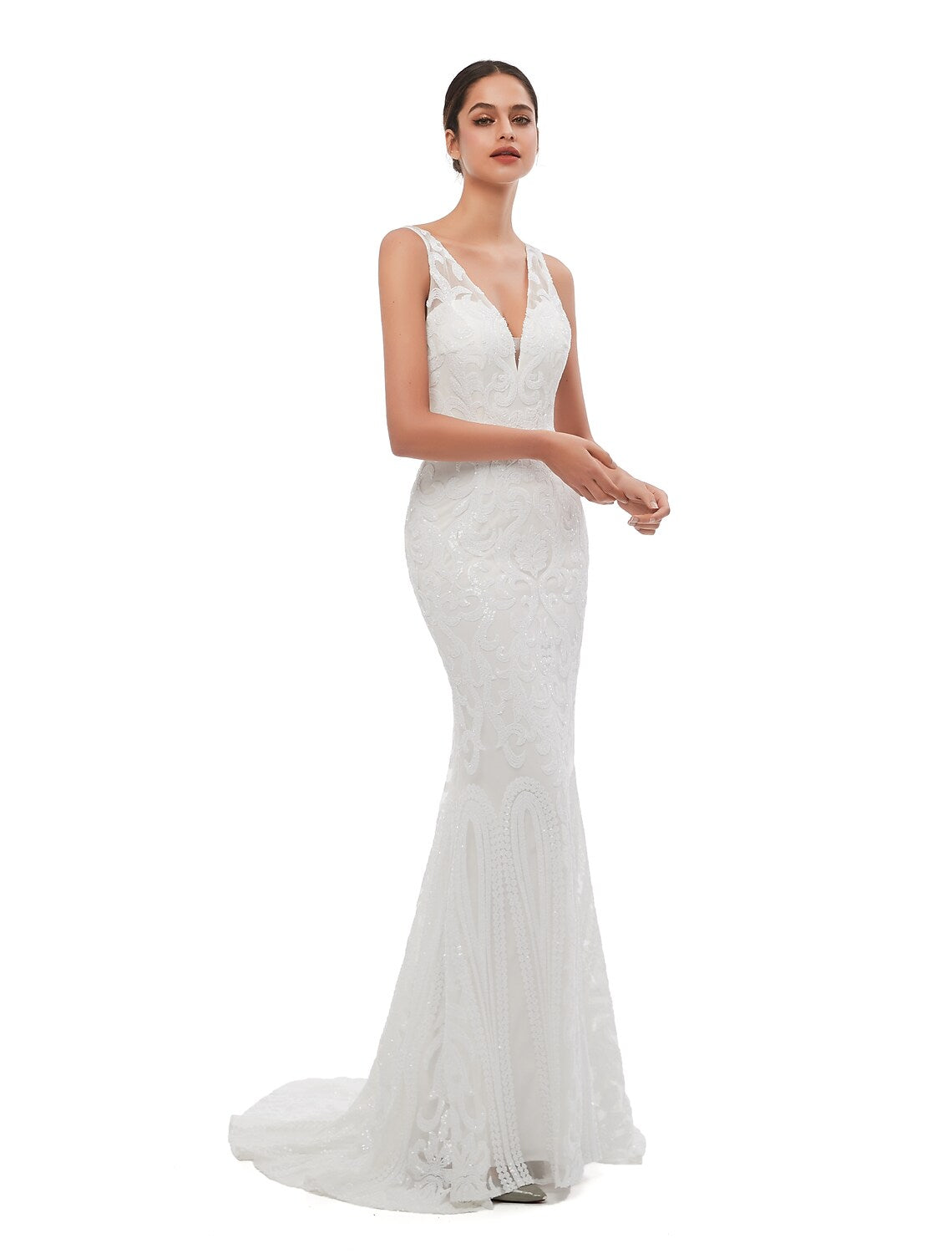 Mermaid / Trumpet Evening Gown Celebrity Style Dress Engagement Court Train Sleeveless V Neck Sequined with Sequin