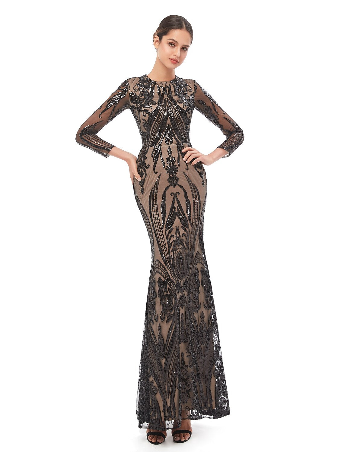 Mermaid / Trumpet Elegant Vintage Prom Formal Evening Dress Jewel Neck Long Sleeve Detachable Sequined