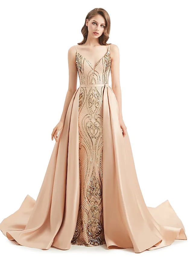 Mermaid / Trumpet Evening Gown Elegant Dress Engagement Detachable Sleeveless V Neck Detachable Sequined
