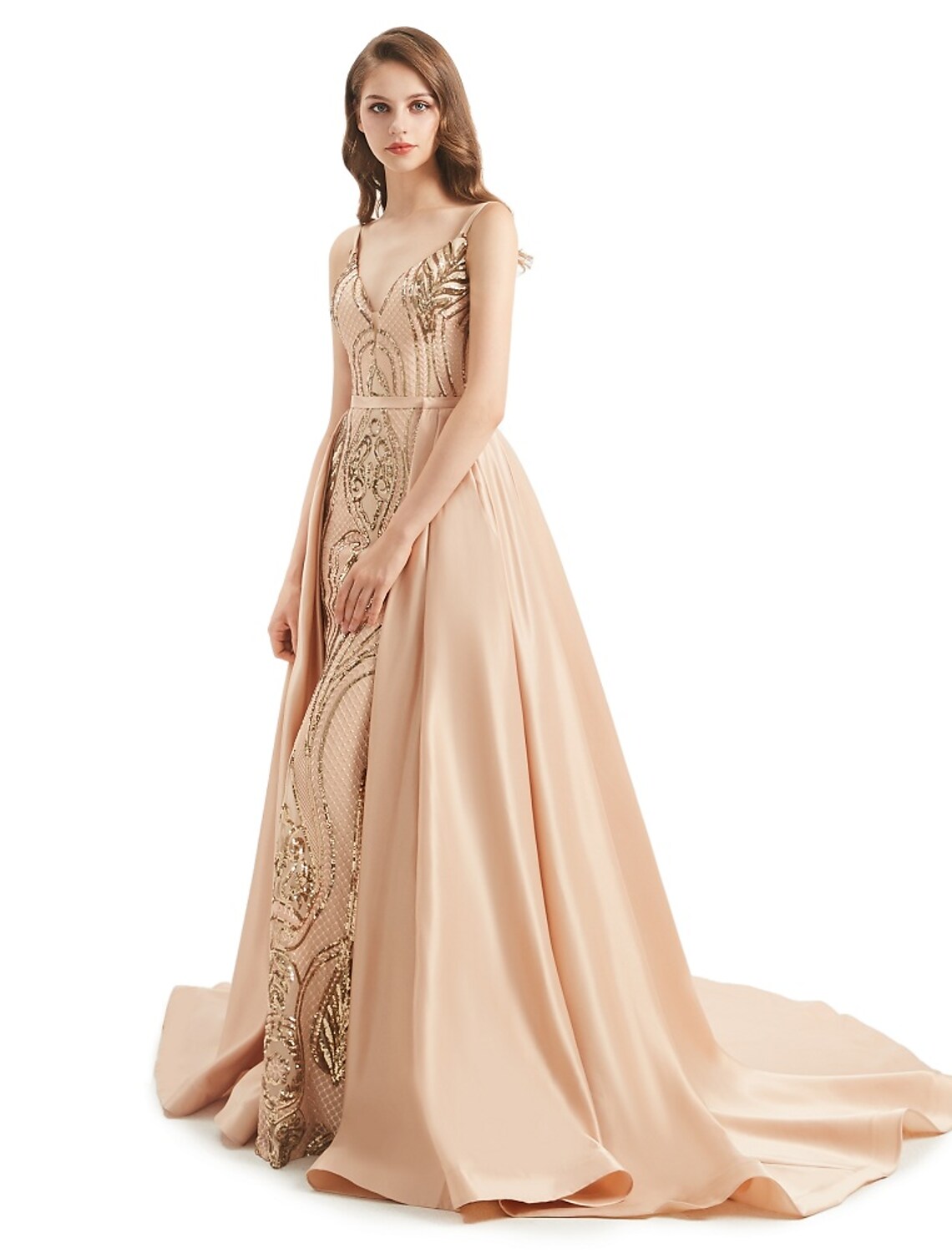 Mermaid / Trumpet Evening Gown Elegant Dress Engagement Detachable Sleeveless V Neck Detachable Sequined
