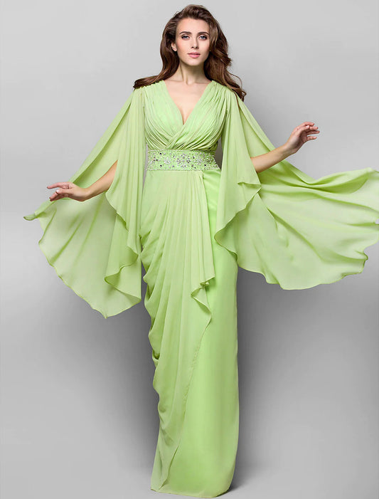 Sheath / Column Elegant Dress Wedding Guest Floor Length Long Sleeve V Neck Chiffon V Back with Crystals Side