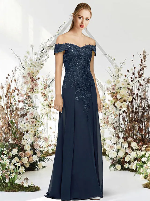 Mermaid / Trumpet Evening Gown Empire Dress Wedding Guest Floor Length Sleeveless Off Shoulder Chiffon with Beading