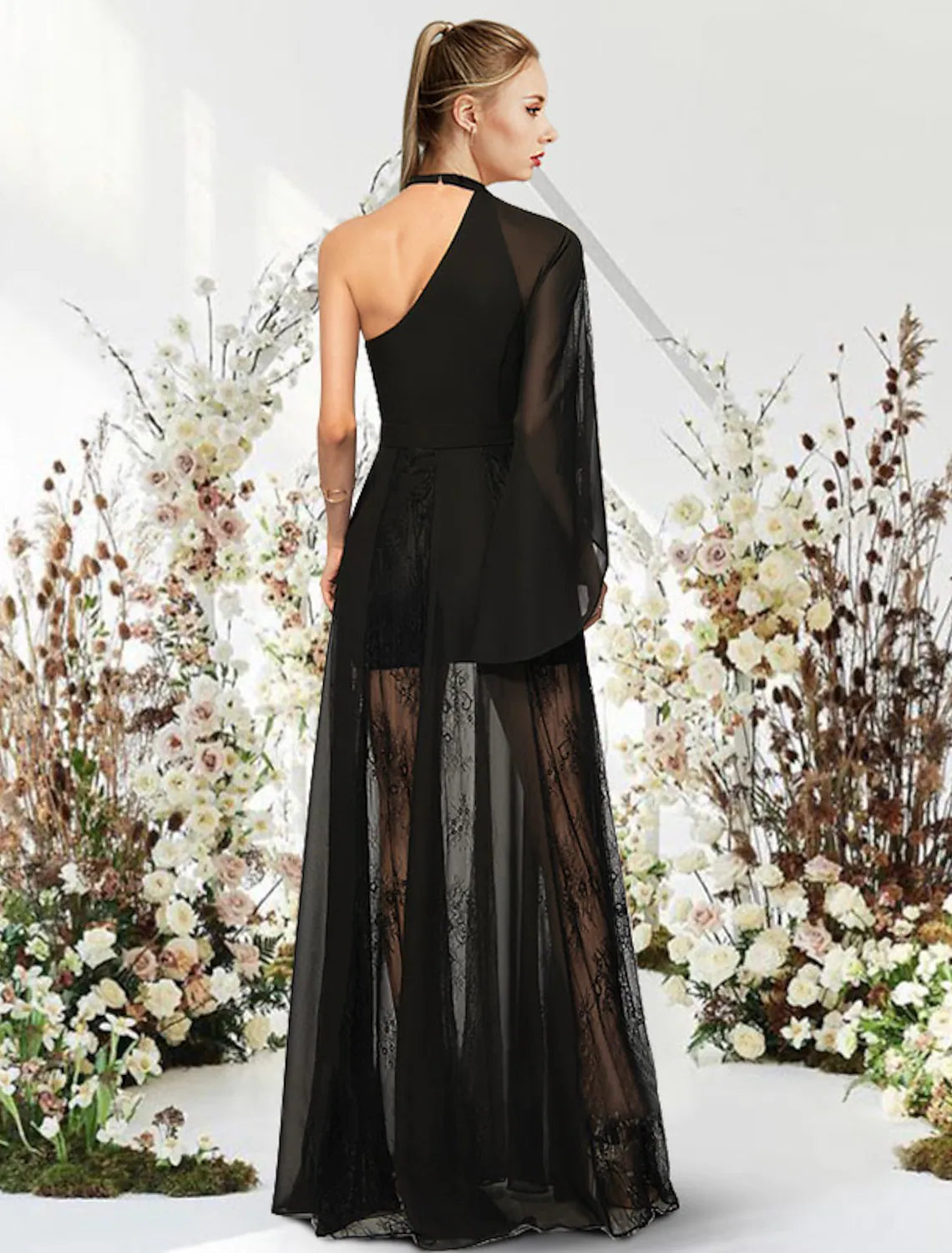 A-Line Evening Gown Empire Dress Wedding Guest Floor Length Half Sleeve One Shoulder Lace