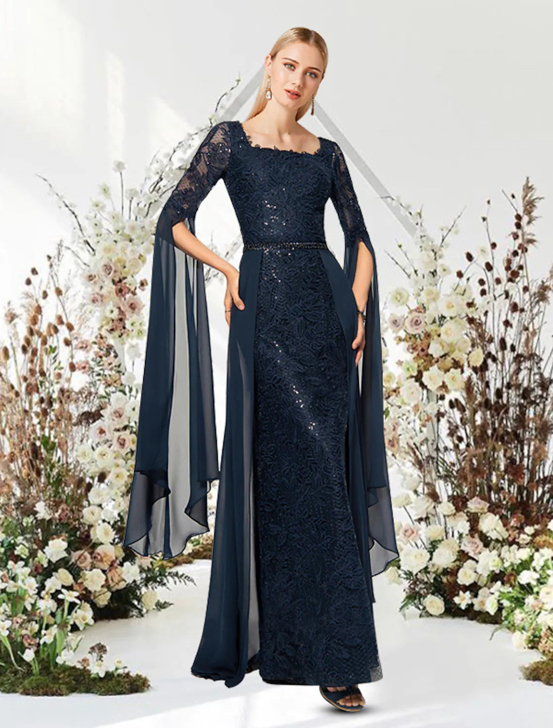 Sheath / Column Evening Gown Empire Dress Wedding Guest Floor Length Short Sleeve Jewel Neck Chiffon