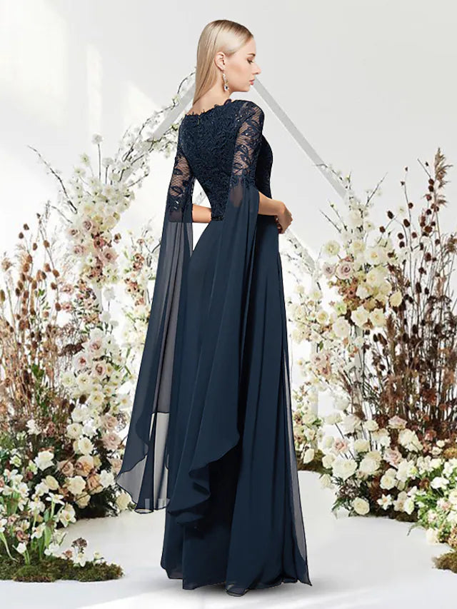 Sheath / Column Evening Gown Empire Dress Wedding Guest Floor Length Short Sleeve Jewel Neck Chiffon