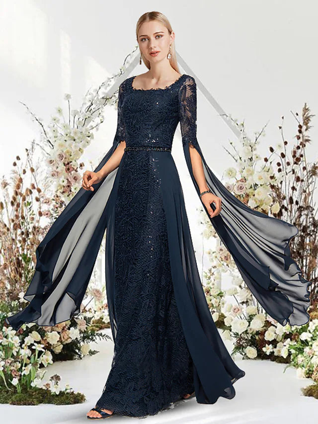 Sheath / Column Evening Gown Empire Dress Wedding Guest Floor Length Short Sleeve Jewel Neck Chiffon