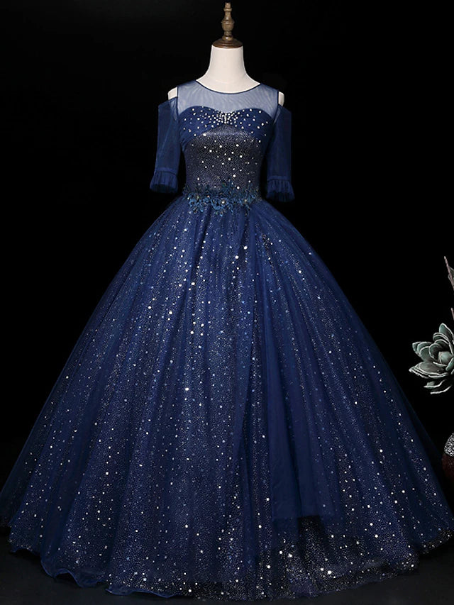 Ball Gown Sparkle Elegant Quinceanera Prom Dress Illusion Neck Half Sleeve Floor Length Tulle