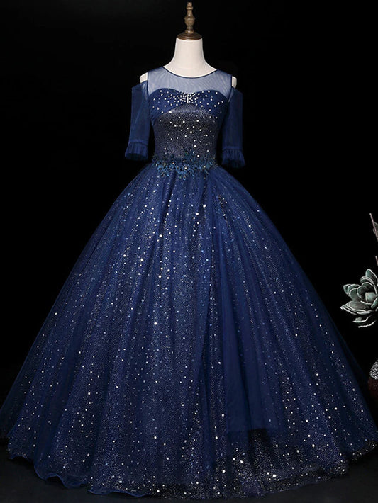 Ball Gown Sparkle Elegant Quinceanera Prom Dress Illusion Neck Half Sleeve Floor Length Tulle