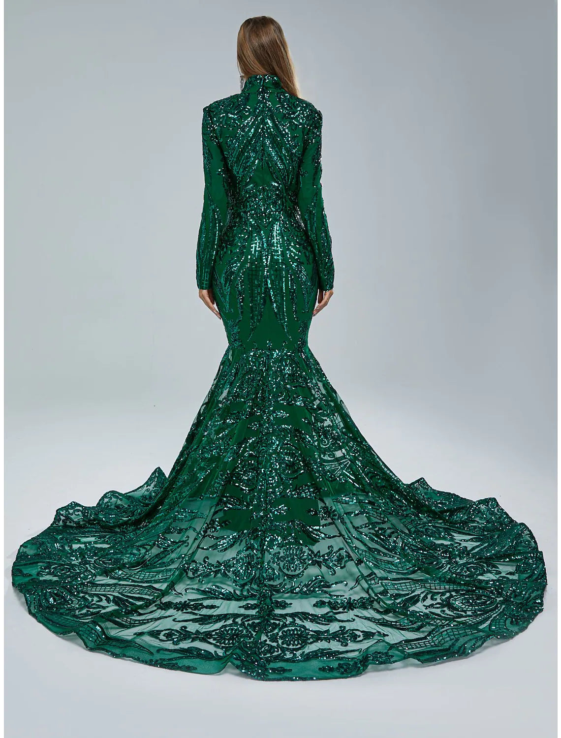 Mermaid / Trumpet Evening Gown Elegant Dress Engagement Court Train Long Sleeve Stand Collar Lace