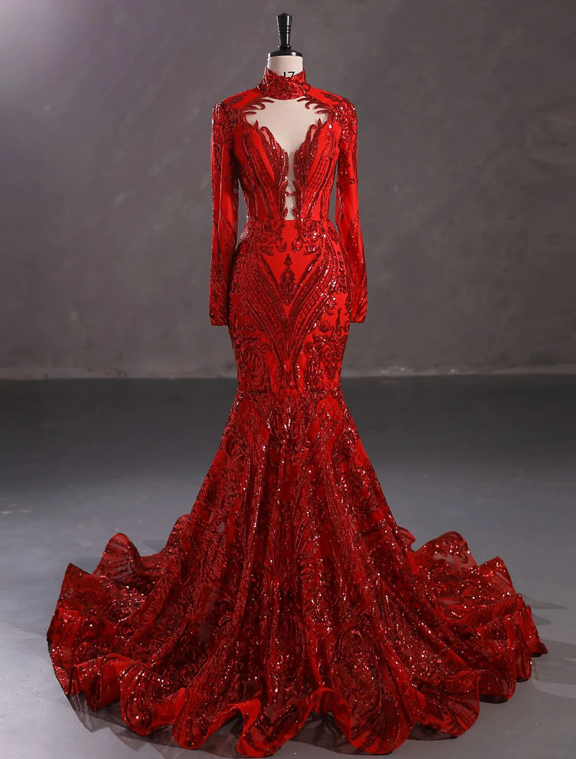 Mermaid / Trumpet Evening Gown Elegant Dress Engagement Court Train Long Sleeve Stand Collar Lace
