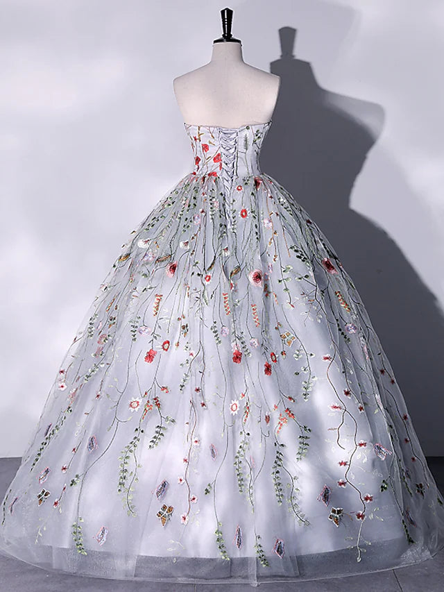 Ball Gown Evening Gown Elegant Dress Quinceanera Floor Length Sleeveless Strapless Lace With Flowers