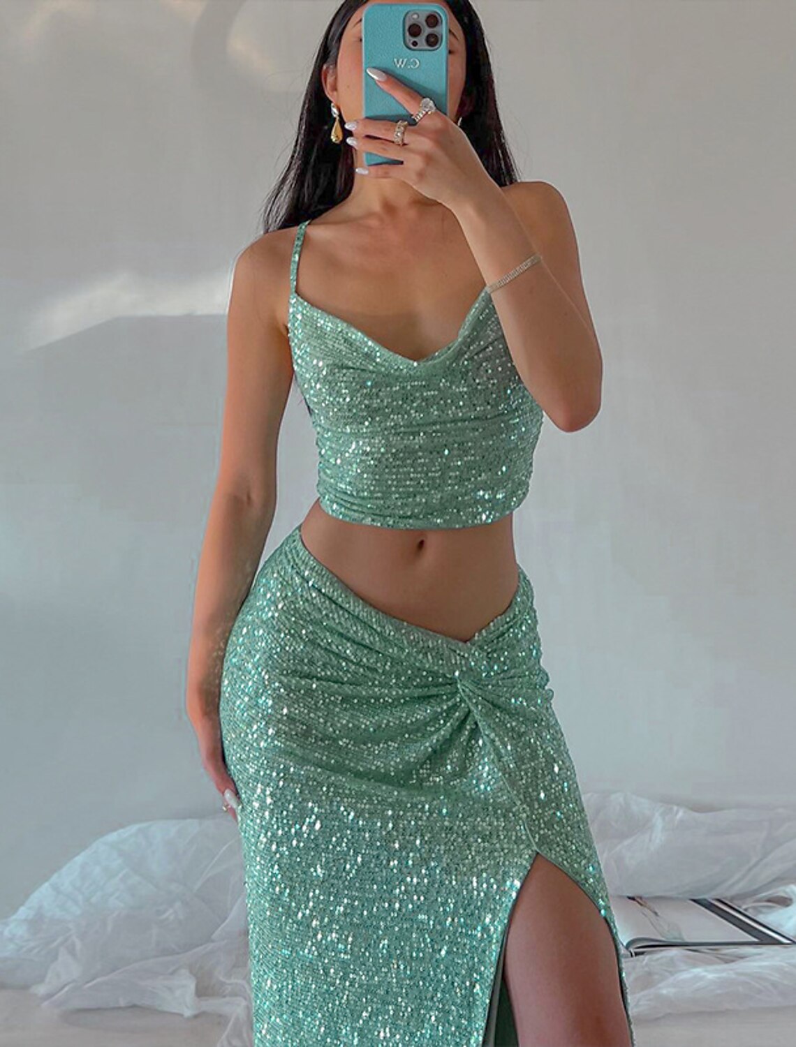 Two Piece Party Dresses Sparkle & Shine Dress Party Wear Wedding Party Floor Length Sleeveless Spaghetti Strap Polyester